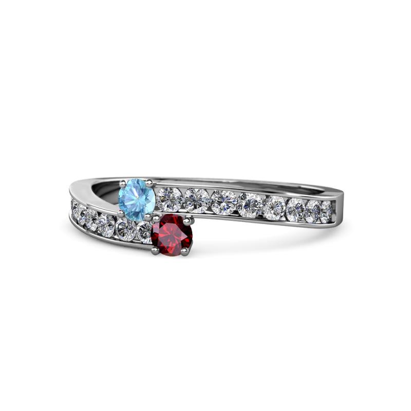 Orane Blue Topaz and Ruby with Side Diamonds Bypass Ring 