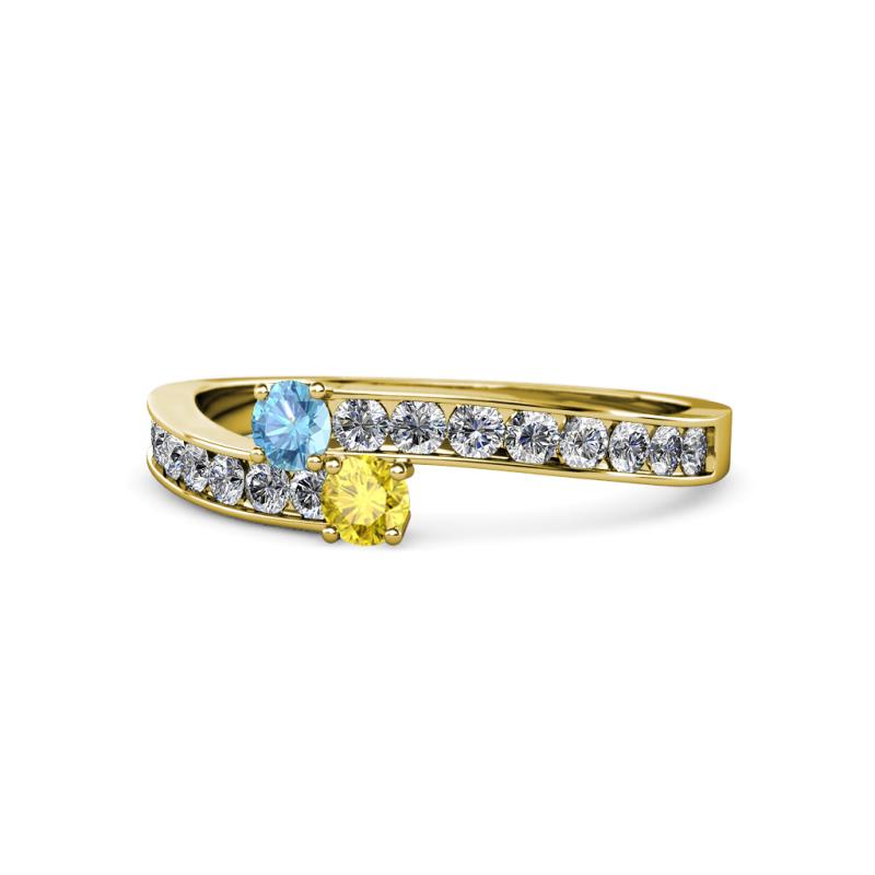 Orane Blue Topaz and Yellow Sapphire with Side Diamonds Bypass Ring 