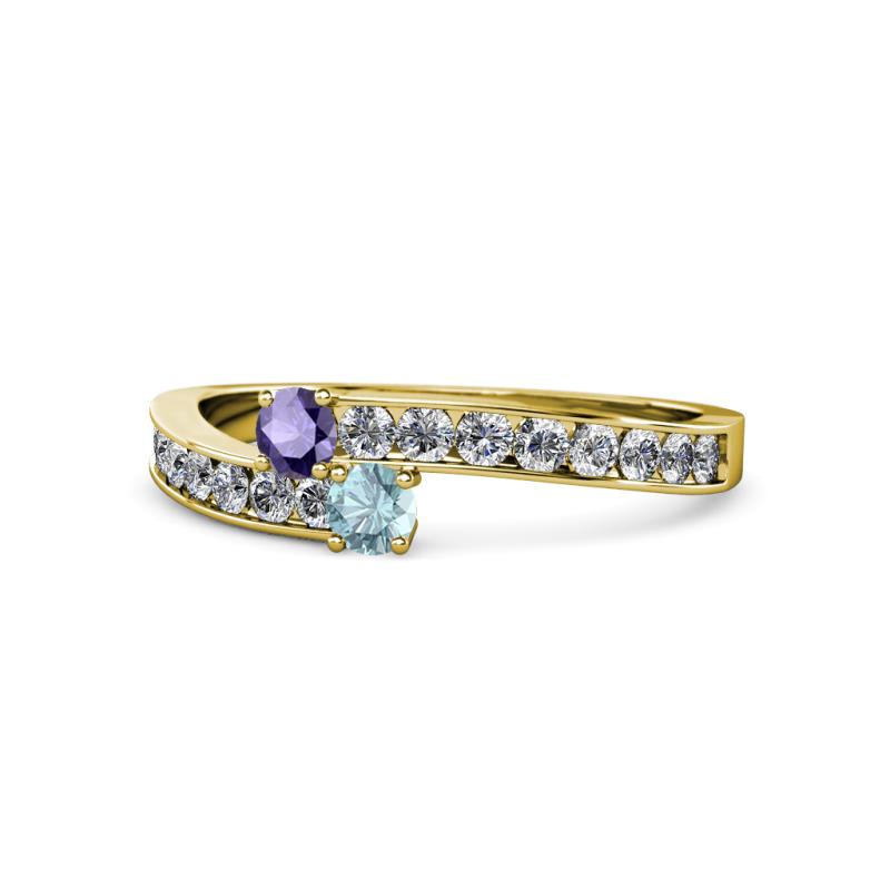 Orane Iolite and Aquamarine with Side Diamonds Bypass Ring 