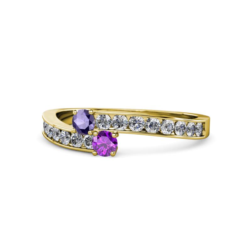 Orane Iolite and Amethyst with Side Diamonds Bypass Ring 