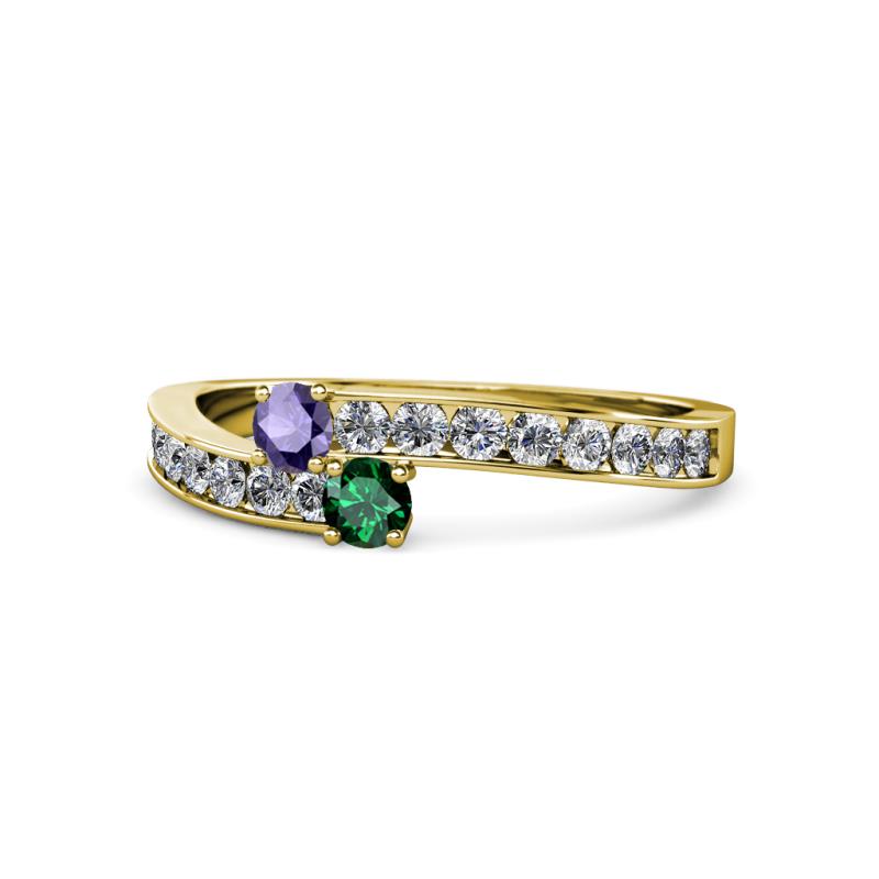 Orane Iolite and Emerald with Side Diamonds Bypass Ring 