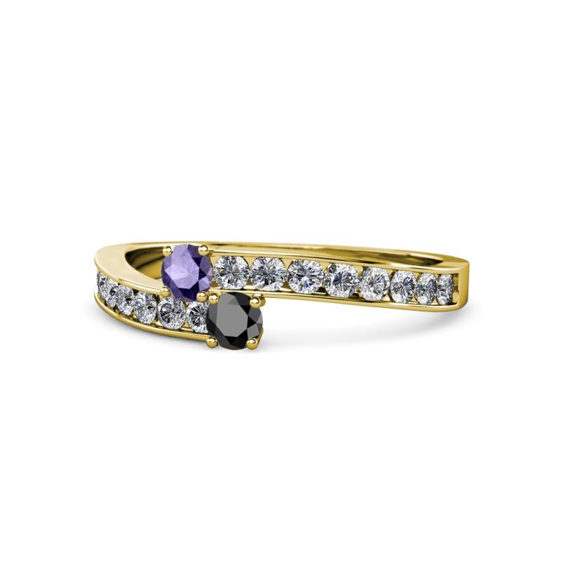 Orane Iolite and Black Diamond with Side Diamonds Bypass Ring 