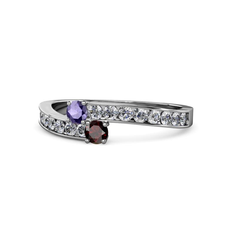 Orane Iolite and Red Garnet with Side Diamonds Bypass Ring 