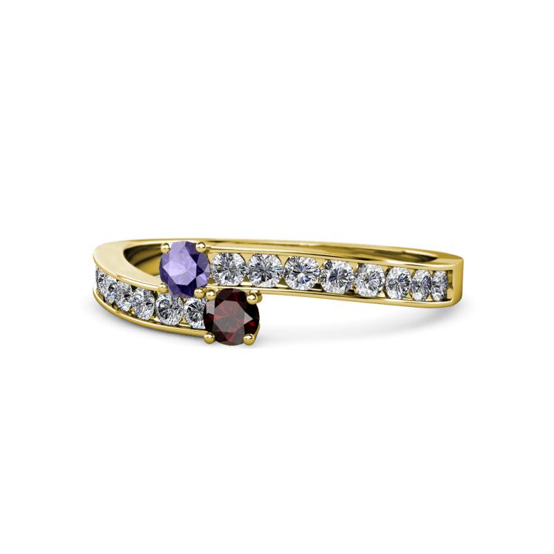 Orane Iolite and Red Garnet with Side Diamonds Bypass Ring 