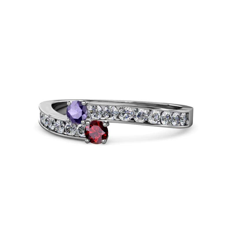 Orane Iolite and Ruby with Side Diamonds Bypass Ring 