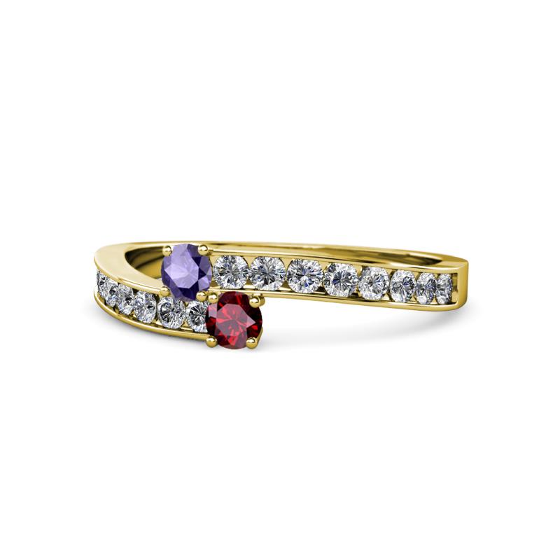 Orane Iolite and Ruby with Side Diamonds Bypass Ring 