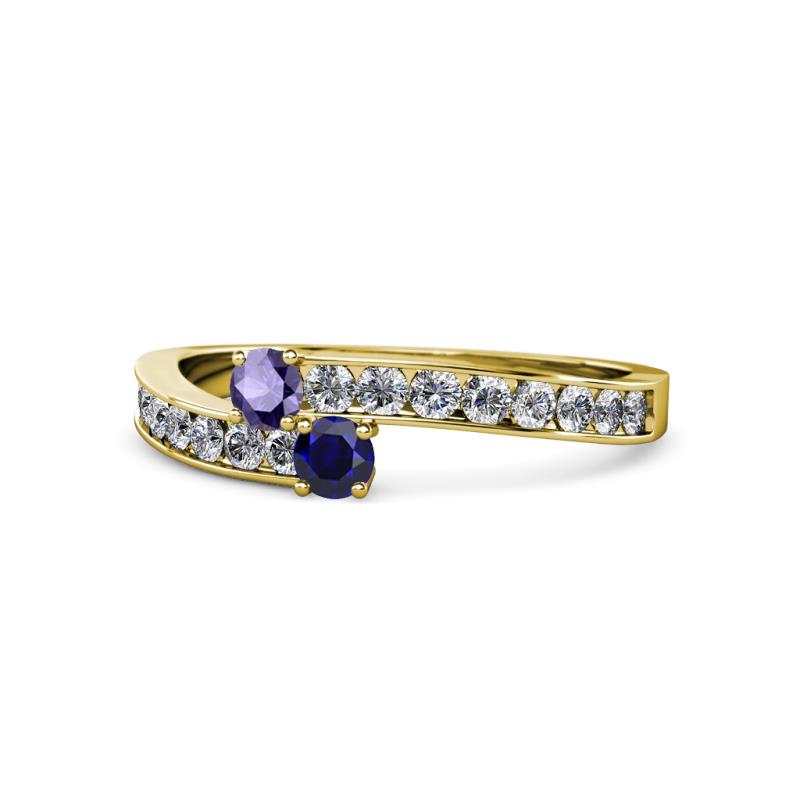 Orane Iolite and Blue Sapphire with Side Diamonds Bypass Ring 