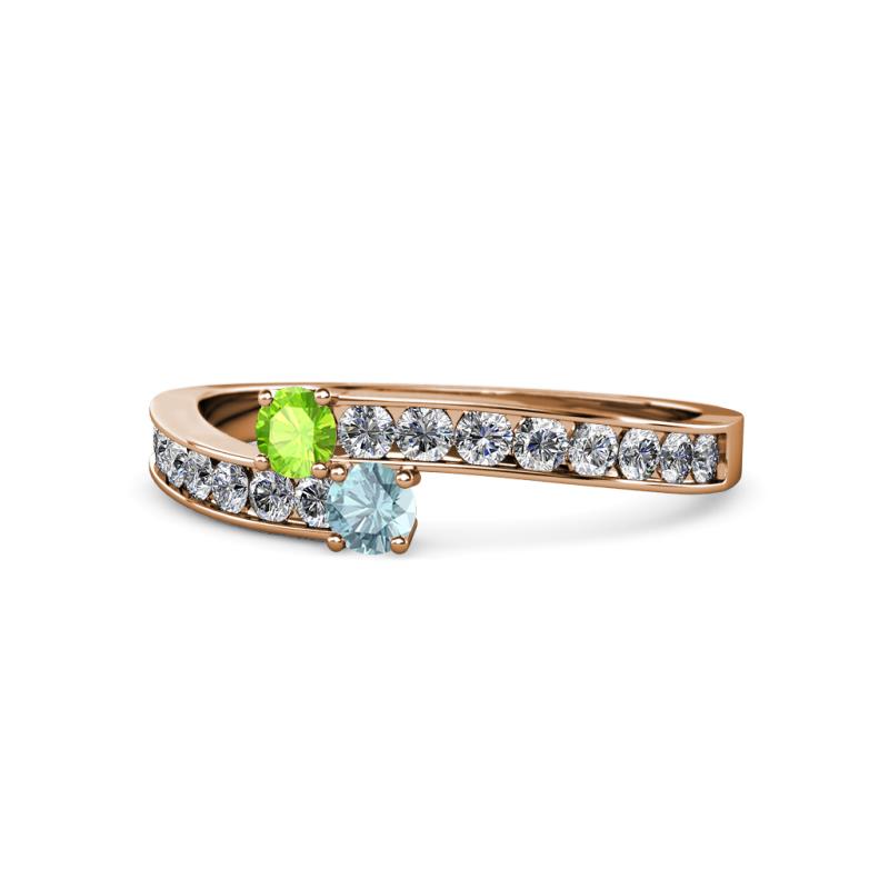 Orane Peridot and Aquamarine with Side Diamonds Bypass Ring 