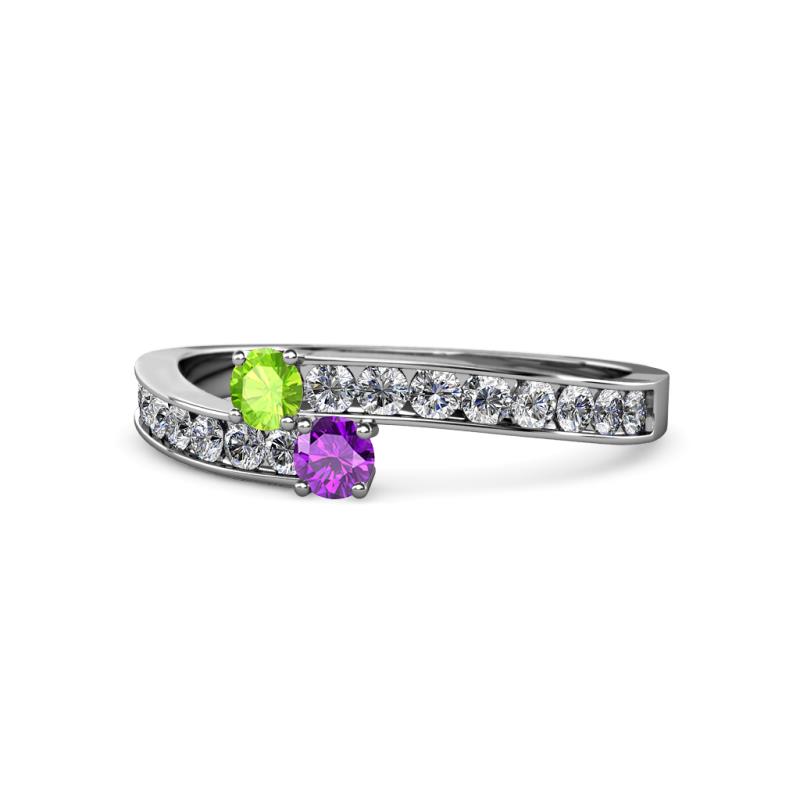Orane Peridot and Amethyst with Side Diamonds Bypass Ring 