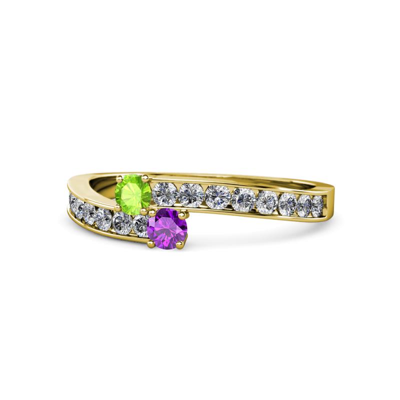 Orane Peridot and Amethyst with Side Diamonds Bypass Ring 
