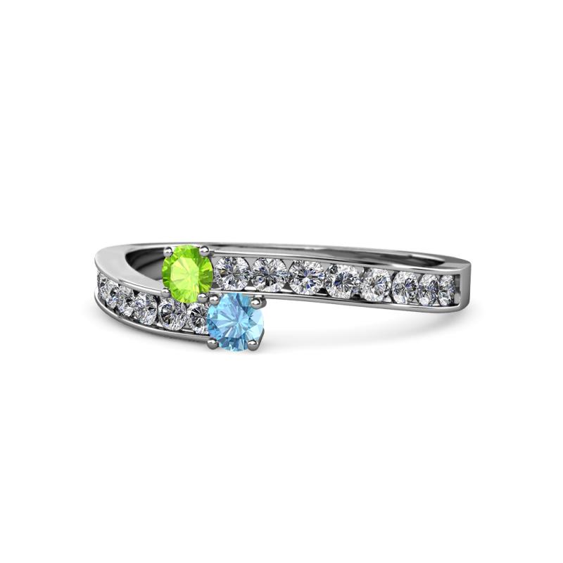 Orane Peridot and Blue Topaz with Side Diamonds Bypass Ring 