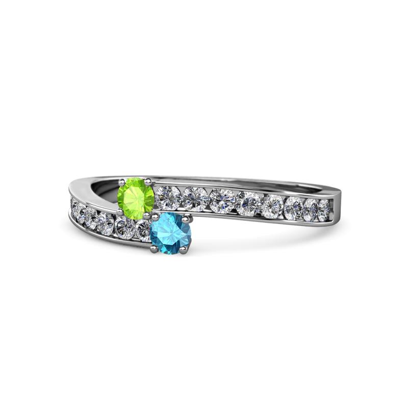 Orane Peridot and London Blue Topaz with Side Diamonds Bypass Ring 