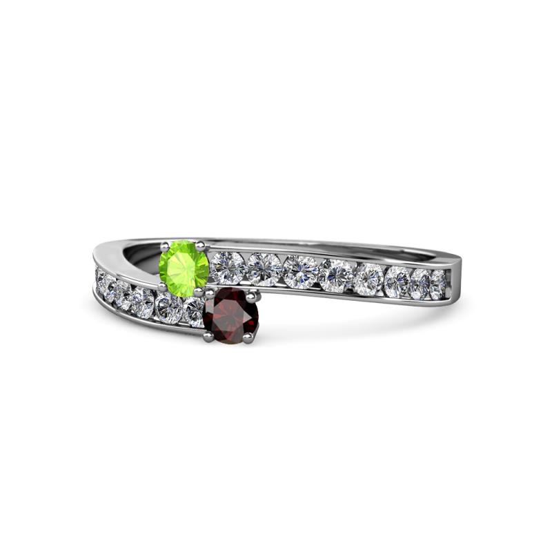 Orane Peridot and Red Garnet with Side Diamonds Bypass Ring 