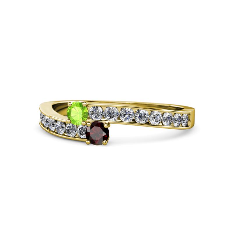 Orane Peridot and Red Garnet with Side Diamonds Bypass Ring 