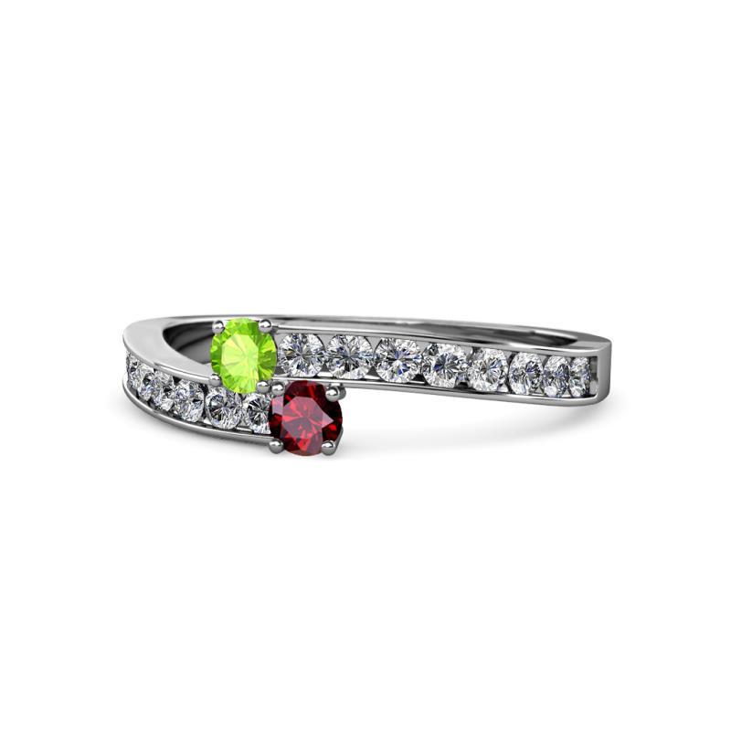 Orane Peridot and Ruby with Side Diamonds Bypass Ring 