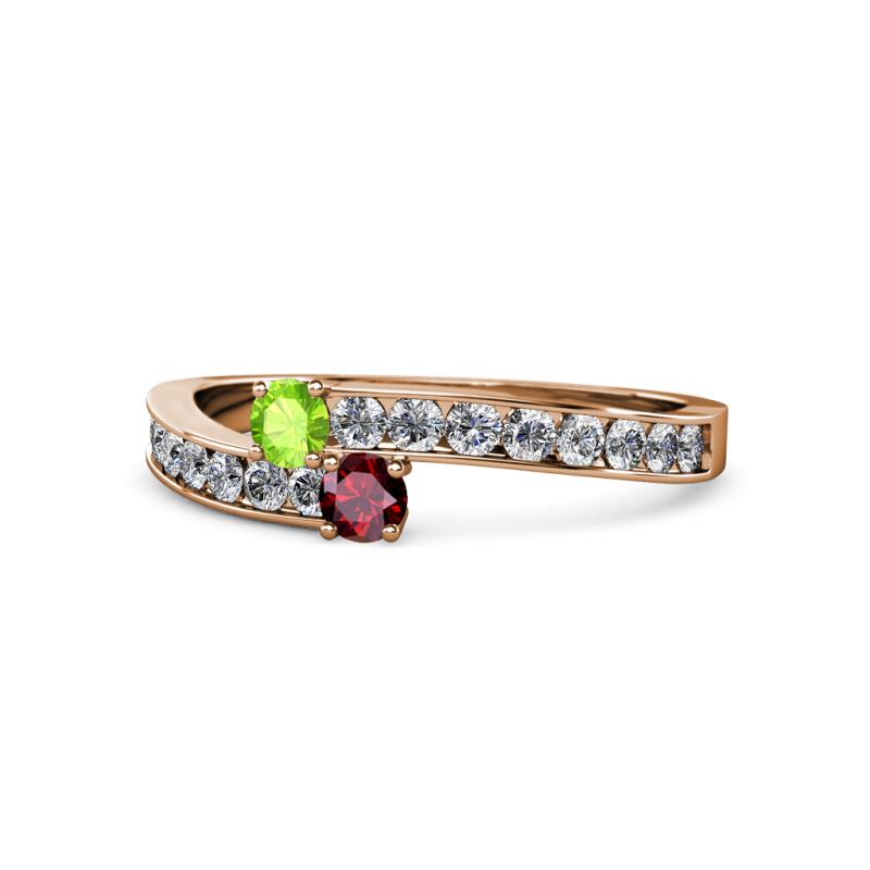 Orane Peridot and Ruby with Side Diamonds Bypass Ring 