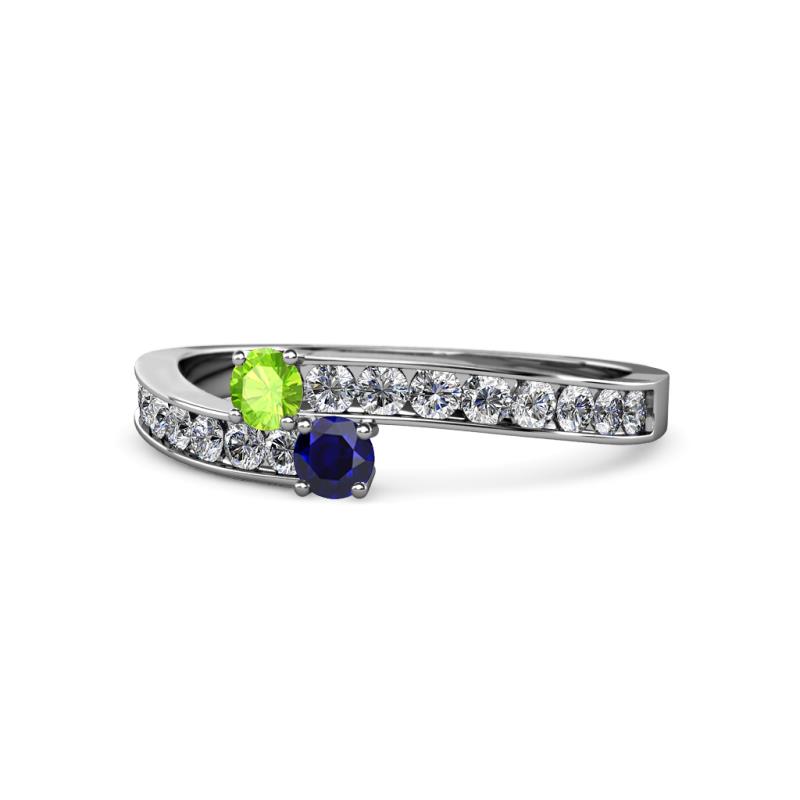 Orane Peridot and Blue Sapphire with Side Diamonds Bypass Ring 