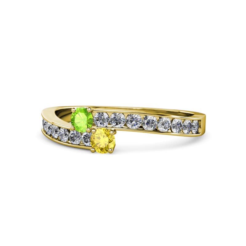 Orane Peridot and Yellow Sapphire with Side Diamonds Bypass Ring 