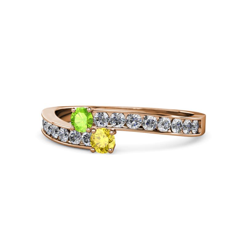 Orane Peridot and Yellow Sapphire with Side Diamonds Bypass Ring 