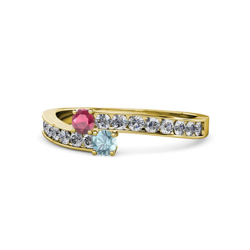 Orane Rhodolite Garnet and Aquamarine with Side Diamonds Bypass Ring 