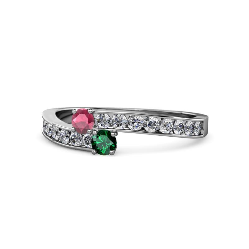 Orane Rhodolite Garnet and Emerald with Side Diamonds Bypass Ring 