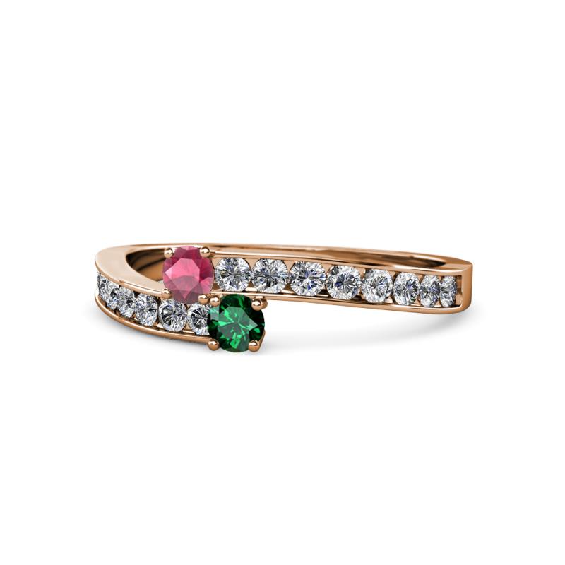 Orane Rhodolite Garnet and Emerald with Side Diamonds Bypass Ring 