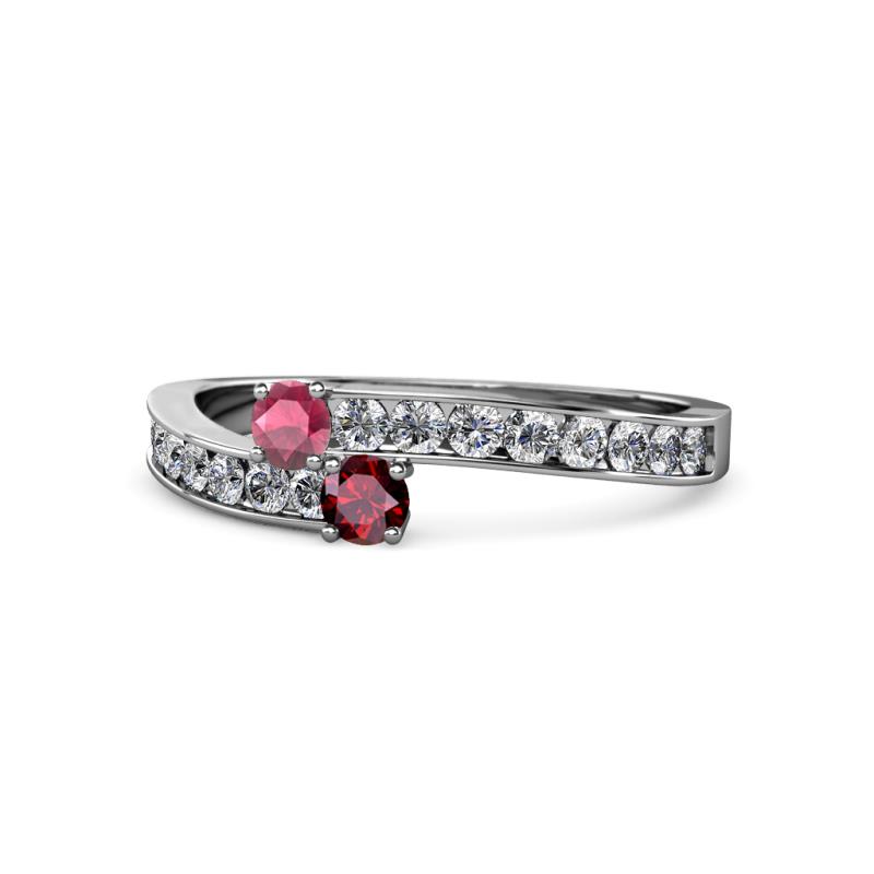 Orane Rhodolite Garnet and Ruby with Side Diamonds Bypass Ring 