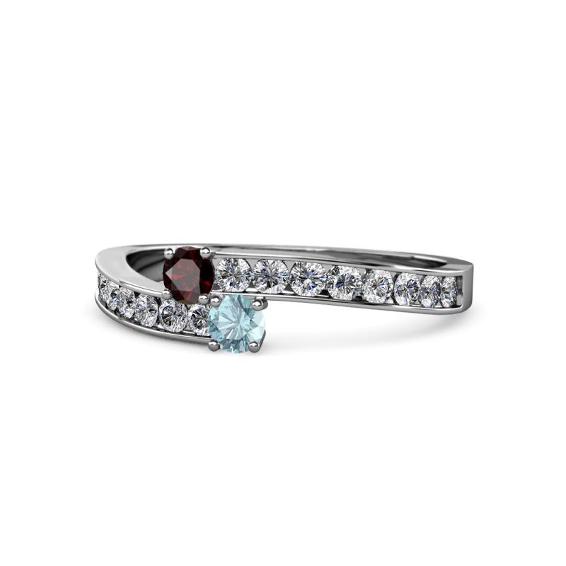 Orane Red Garnet and Aquamarine with Side Diamonds Bypass Ring 
