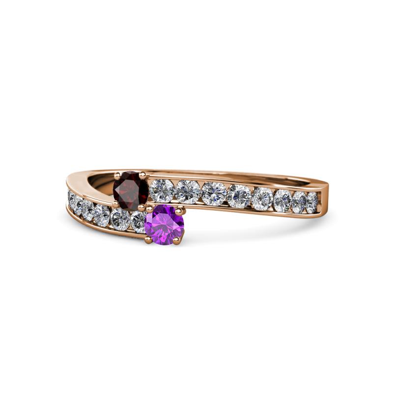 Orane Red Garnet and Amethyst with Side Diamonds Bypass Ring 
