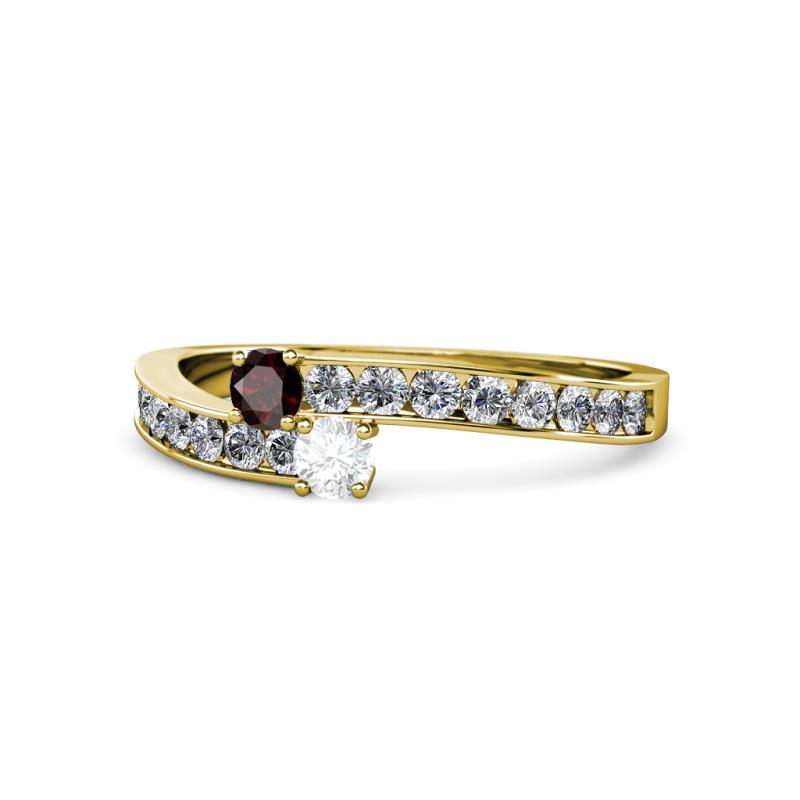 Orane Red Garnet and White Sapphire with Side Diamonds Bypass Ring 