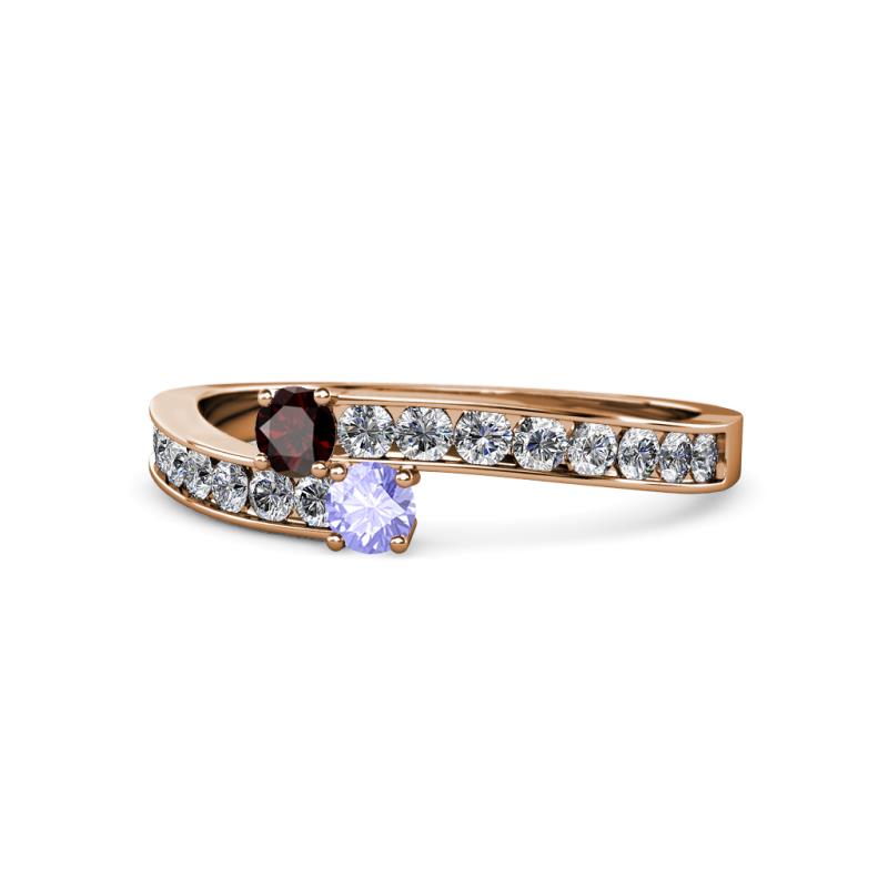 Orane Red Garnet and Tanzanite with Side Diamonds Bypass Ring 