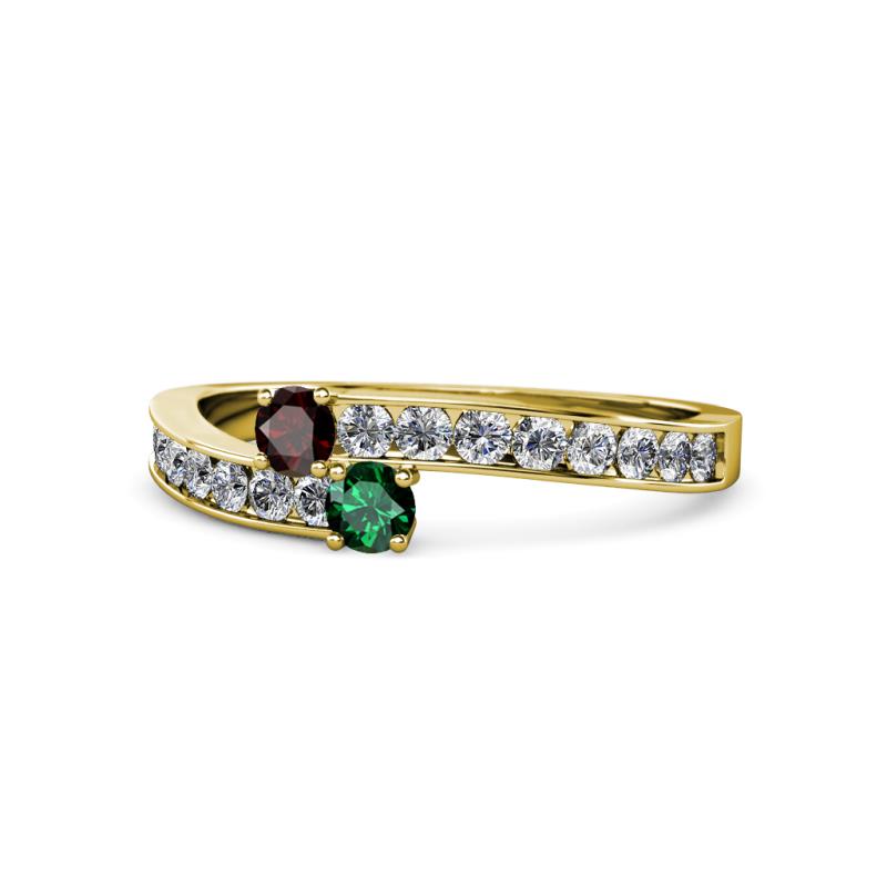Orane Red Garnet and Emerald with Side Diamonds Bypass Ring 