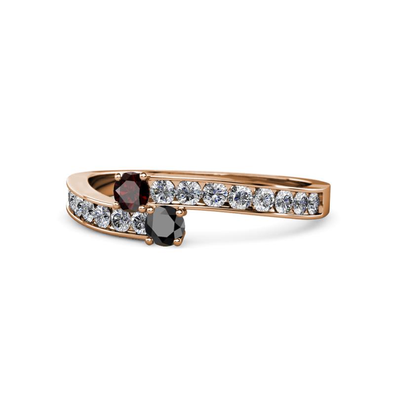Orane Red Garnet and Black Diamond with Side Diamonds Bypass Ring 