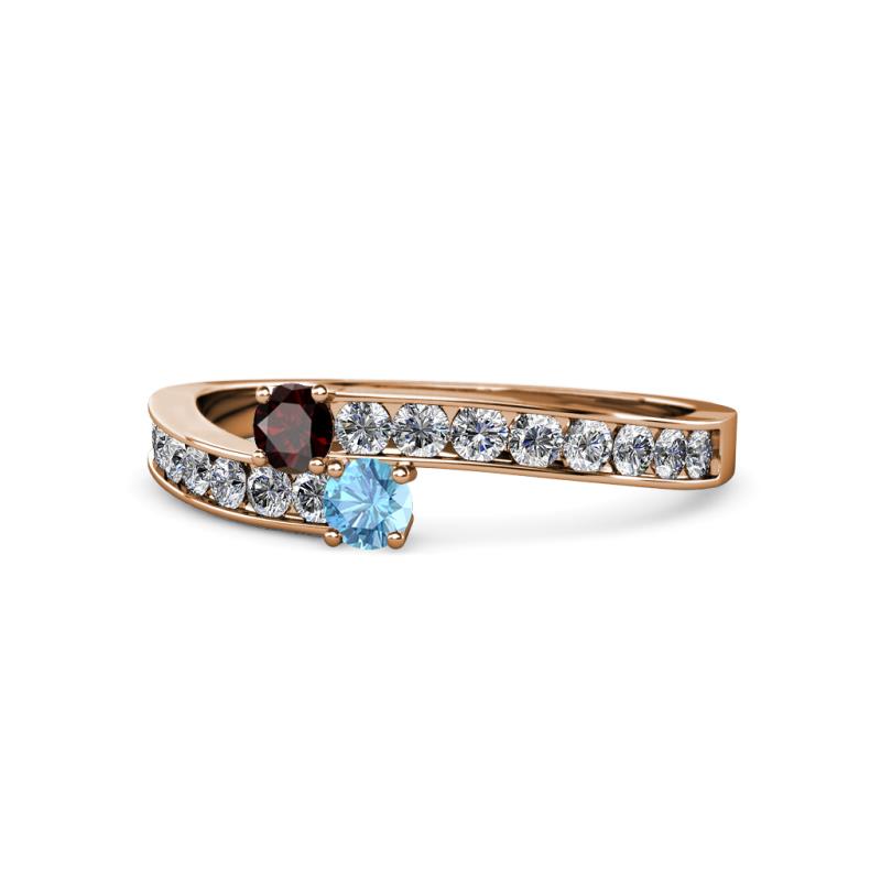 Orane Red Garnet and Blue Topaz with Side Diamonds Bypass Ring 