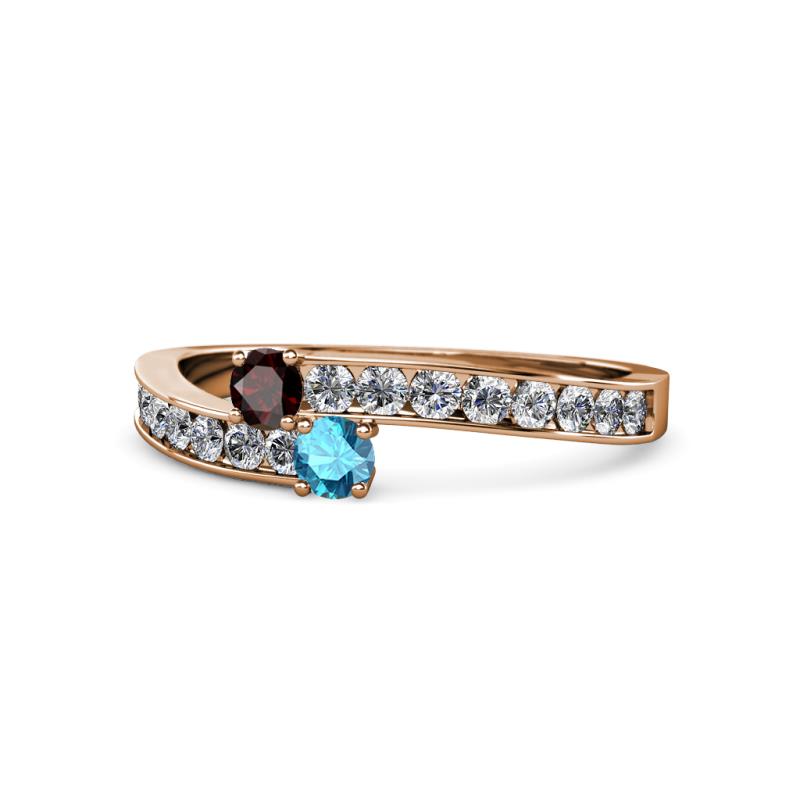 Orane Red Garnet and London Blue Topaz with Side Diamonds Bypass Ring 