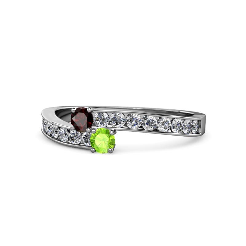 Orane Red Garnet and Peridot with Side Diamonds Bypass Ring 