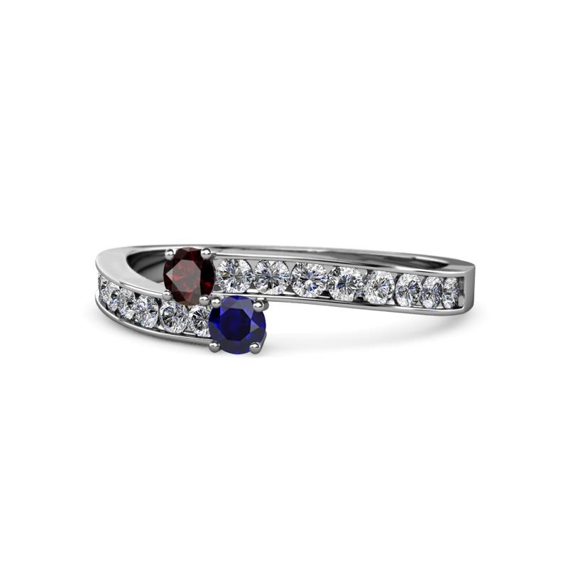 Orane Red Garnet and Blue Sapphire with Side Diamonds Bypass Ring 