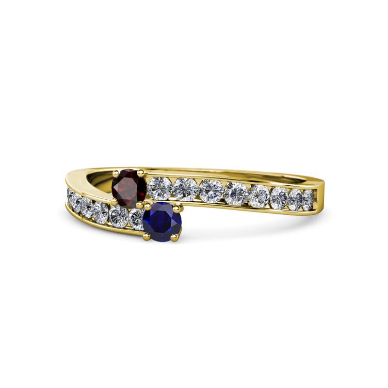 Orane Red Garnet and Blue Sapphire with Side Diamonds Bypass Ring 