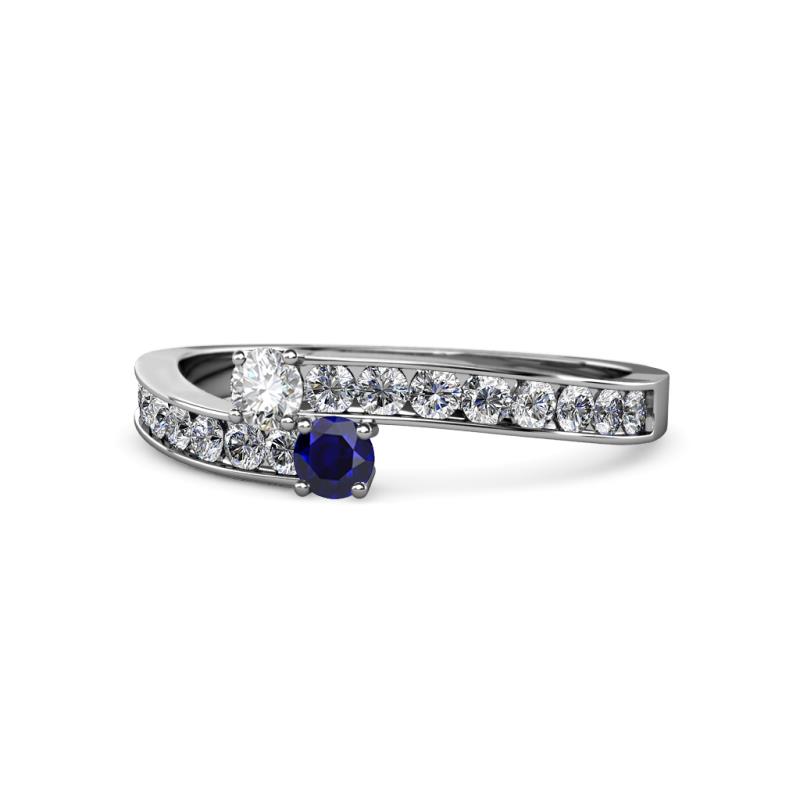 Orane Diamond and Blue Sapphire with Side Diamonds Bypass Ring 