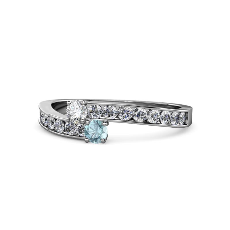 Orane Diamond and Aquamarine with Side Diamonds Bypass Ring 