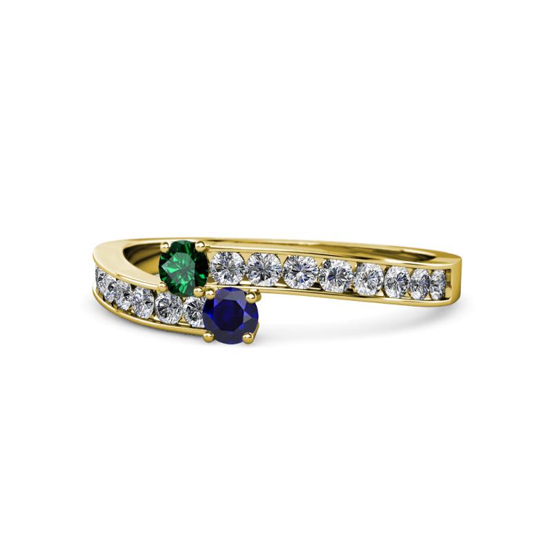 Orane Emerald and Blue Sapphire with Side Diamonds Bypass Ring 