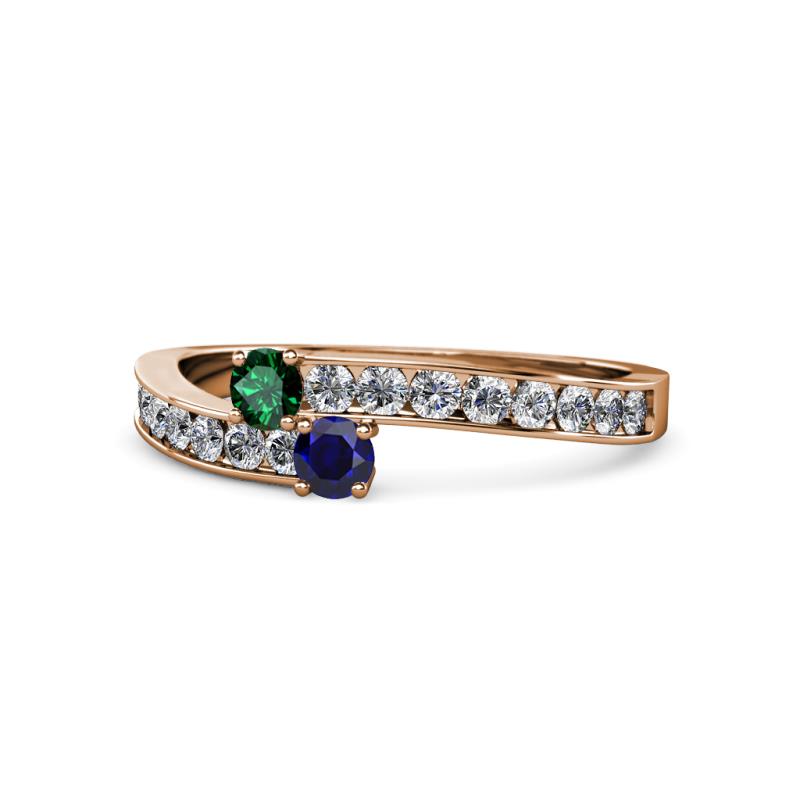 Orane Emerald and Blue Sapphire with Side Diamonds Bypass Ring 