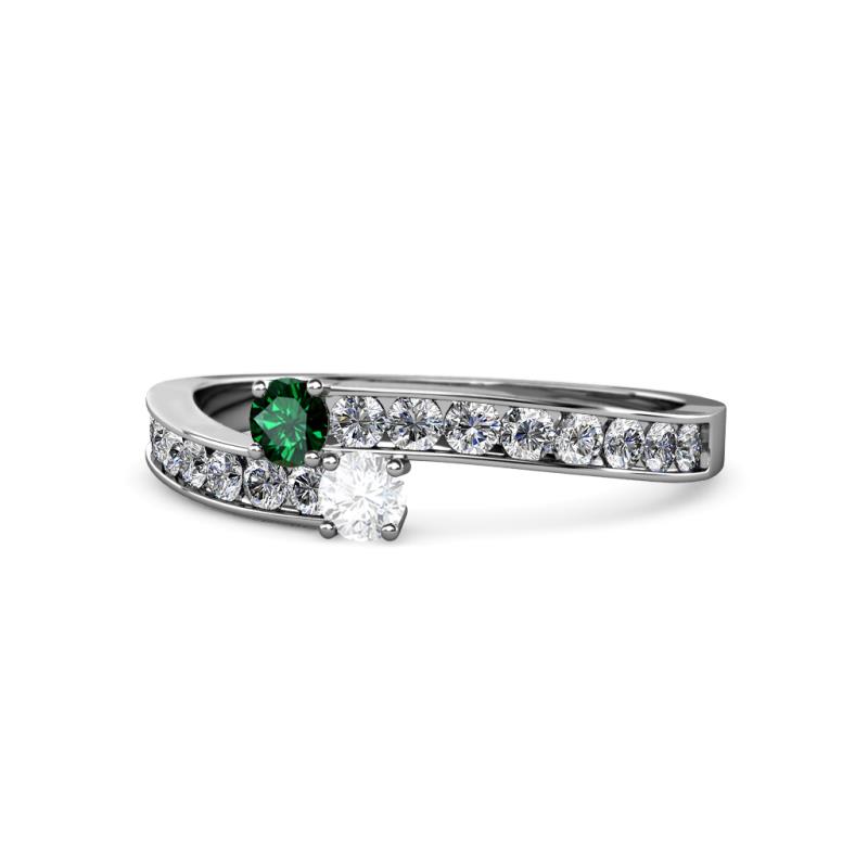 Orane Emerald and White Sapphire with Side Diamonds Bypass Ring 