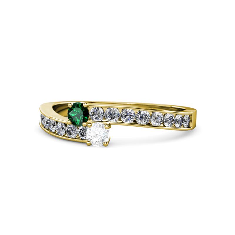 Orane Emerald and White Sapphire with Side Diamonds Bypass Ring 