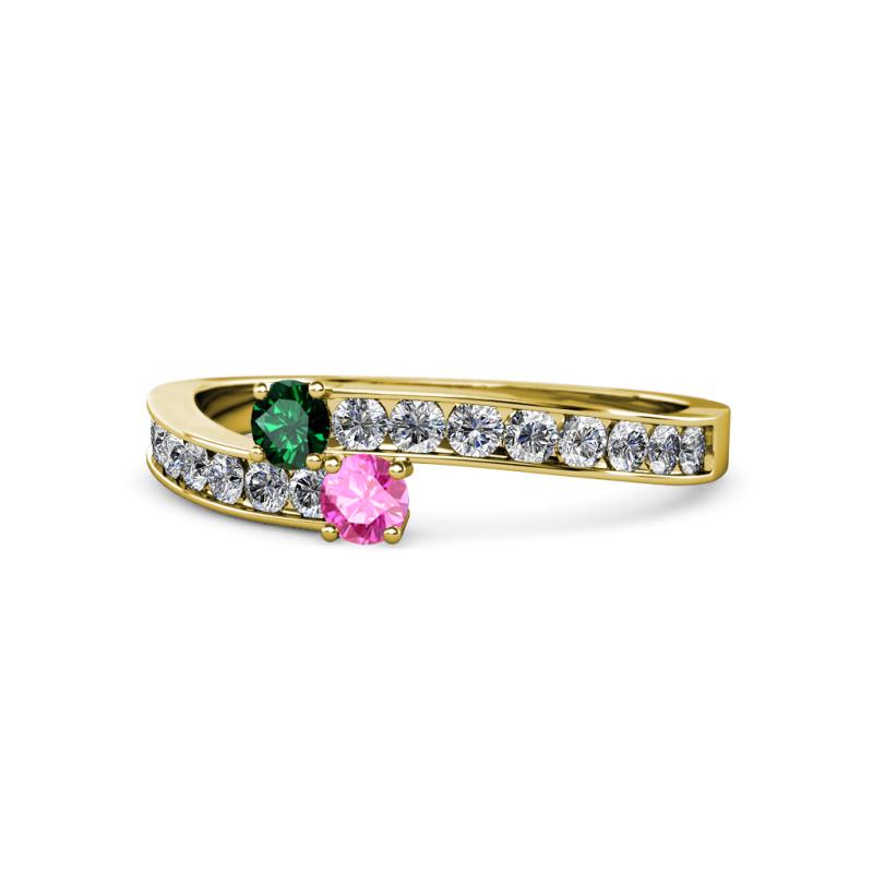 Orane Emerald and Pink Sapphire with Side Diamonds Bypass Ring 
