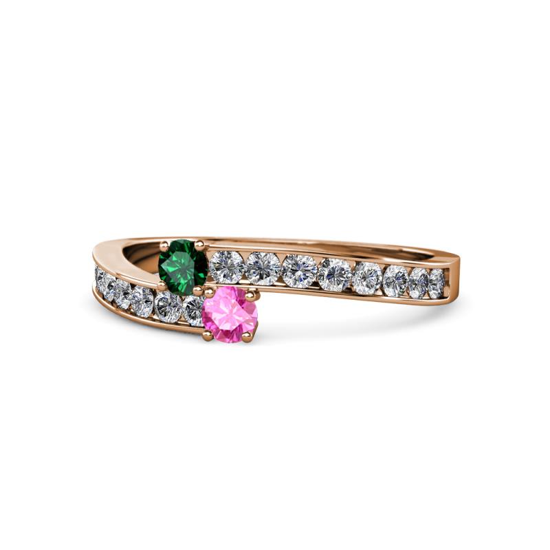 Orane Emerald and Pink Sapphire with Side Diamonds Bypass Ring 