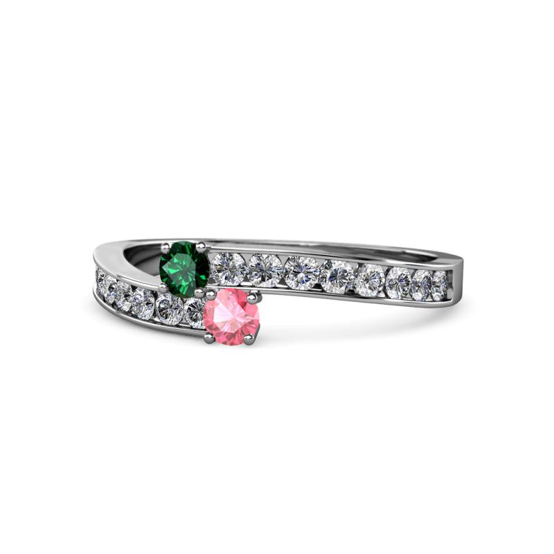 Orane Emerald and Pink Tourmaline with Side Diamonds Bypass Ring 
