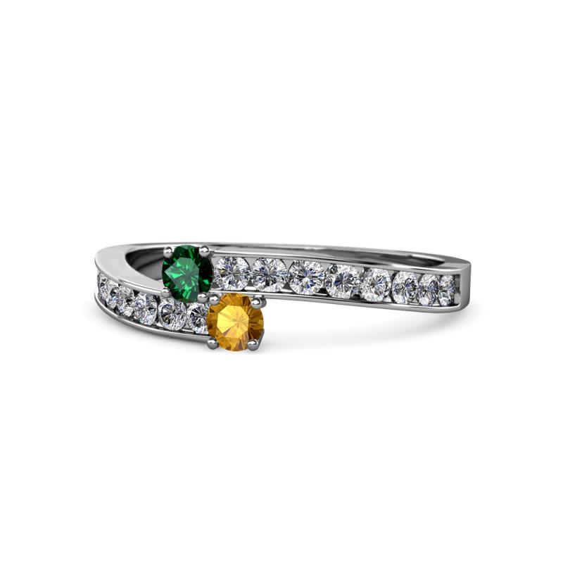 Orane Emerald and Citrine with Side Diamonds Bypass Ring 
