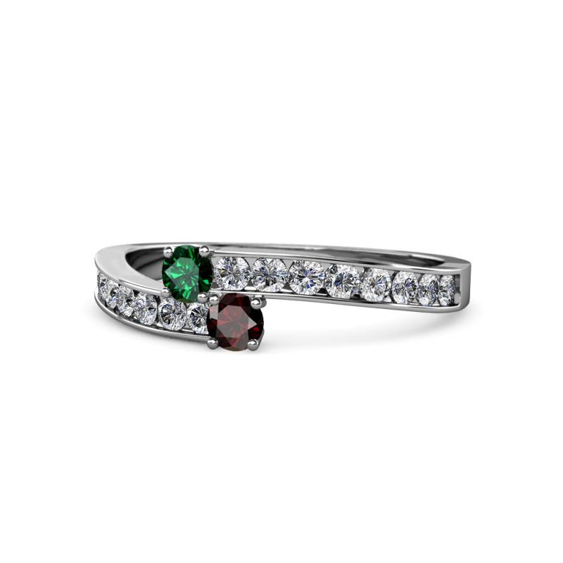 Orane Emerald and Red Garnet with Side Diamonds Bypass Ring 
