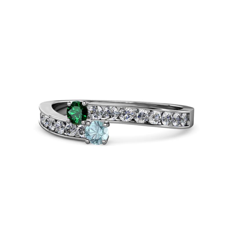Orane Emerald and Aquamarine with Side Diamonds Bypass Ring 
